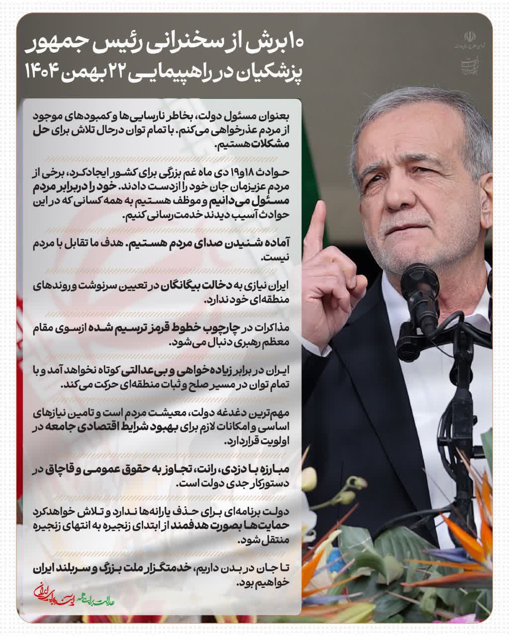 10 برش از سخنرانی رئیس‌جمهور پزشکیان در راهپیمایی 22 بهمن 1404