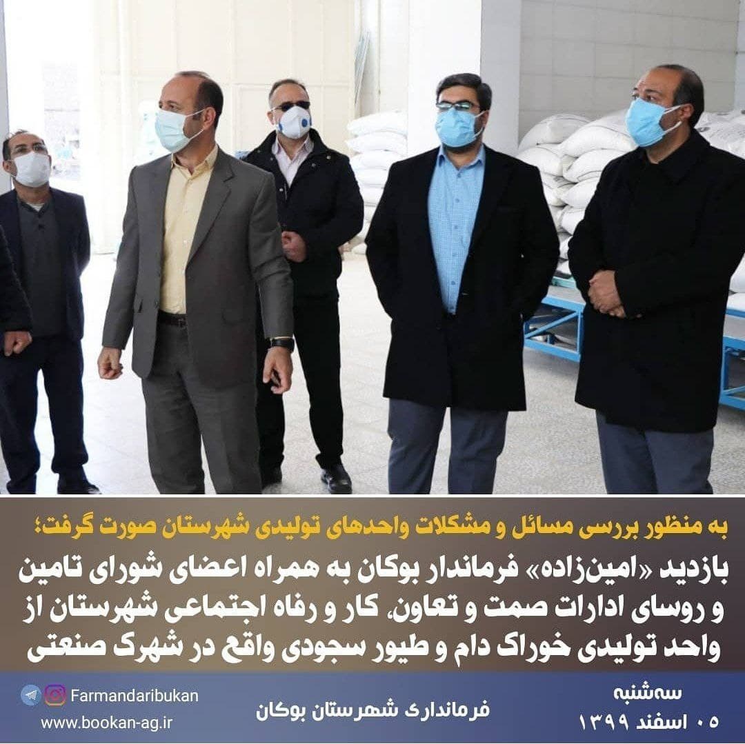 بازدید «امینزاده» فرماندار بوکان به همراه اعضای شورای تامین و روسای ادارات صمت و تعاون، کار و رفاه اجتماعی شهرستان از واحد تولیدی خوراک دام و طیور سجودی واقع در شهرک صنعتی
